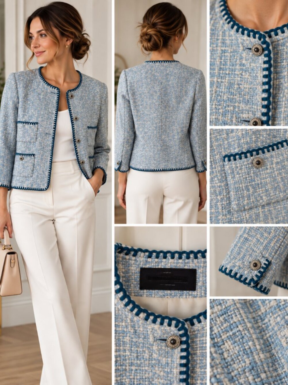 Light Blue Tweed Bouclé Jacket with Contrast Trim – Classic Chic Blazer